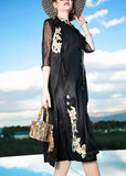 Momentlover Novelty Black Stand Collar Embroideried Floral Button Silk Maxi Dress Summer LY1492