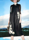 Momentlover Novelty Black Stand Collar Embroideried Floral Button Silk Maxi Dress Summer LY1492
