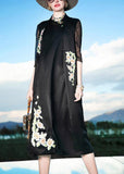 Momentlover Novelty Black Stand Collar Embroideried Floral Button Silk Maxi Dress Summer LY1492