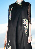 Momentlover Novelty Black Stand Collar Embroideried Floral Button Silk Maxi Dress Summer LY1492