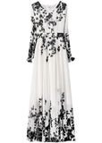 Momentlover Novelty Black V Neck Print Chiffon Maxi Beach Dresses Spring LY1729