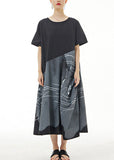 Momentlover Organic Black O Neck Print Patchwork Cotton Dress Summer LY1217