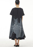 Momentlover Organic Black O Neck Print Patchwork Cotton Dress Summer LY1217