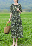 Momentlover Organic Green O-Neck Print Slim Tie Waist Linen Maxi Dresses Short Sleeve LY1746