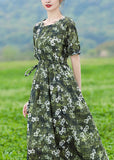 Momentlover Organic Green O-Neck Print Slim Tie Waist Linen Maxi Dresses Short Sleeve LY1746