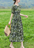 Momentlover Organic Green O-Neck Print Slim Tie Waist Linen Maxi Dresses Short Sleeve LY1746