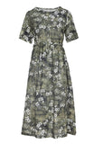 Momentlover Organic Green O-Neck Print Slim Tie Waist Linen Maxi Dresses Short Sleeve LY1746
