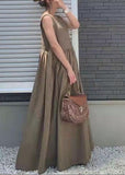 Momentlover Organic Khaki Patchwork Exra Large Hem Cotton Ankle Dresses Summer LY1755