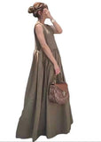 Momentlover Organic Khaki Patchwork Exra Large Hem Cotton Ankle Dresses Summer LY1755