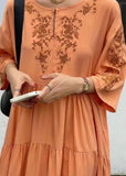 Momentlover Organic Orange Embroideried Patchwork Cotton Dresses Summer LY1742