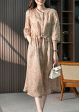 Momentlover Organic Pink O-Neck Print Drawstring Linen Maxi Dresses Summer LY1761