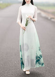 Momentlover Oriental White Gradient Print Side Open Chiffon Dress Spring LY1699
