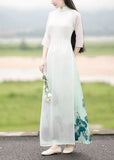 Momentlover Oriental White Gradient Print Side Open Chiffon Dress Spring LY1699