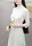 Momentlover Oriental White Gradient Print Side Open Chiffon Dress Spring LY1699