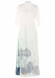 Momentlover Oriental White Gradient Print Side Open Chiffon Dress Spring LY1699