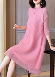 Momentlover Pink Jacquard A Line Dress Mandarin Collar Wrinkled Bracelet Sleeve LY1466