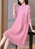 Momentlover Pink Jacquard A Line Dress Mandarin Collar Wrinkled Bracelet Sleeve LY1466
