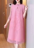 Momentlover Pink Jacquard A Line Dress Mandarin Collar Wrinkled Bracelet Sleeve LY1466