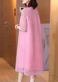 Momentlover Pink Jacquard A Line Dress Mandarin Collar Wrinkled Bracelet Sleeve LY1466