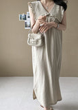 Momentlover Plus Size Beige Oversized Ruffled Side Open Linen Maxi Dress Sleeveless LY1727