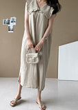 Momentlover Plus Size Beige Oversized Ruffled Side Open Linen Maxi Dress Sleeveless LY1727