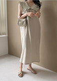 Momentlover Plus Size Beige Oversized Ruffled Side Open Linen Maxi Dress Sleeveless LY1727