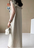 Momentlover Plus Size Beige Oversized Ruffled Side Open Linen Maxi Dress Sleeveless LY1727