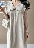 Momentlover Plus Size Beige Oversized Ruffled Side Open Linen Maxi Dress Sleeveless LY1727