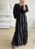 Momentlover Plus Size Black O-Neck Patchwork Backless Cotton Maxi Dress Bracelet Sleeve LY1727