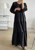 Momentlover Plus Size Black O-Neck Patchwork Backless Cotton Maxi Dress Bracelet Sleeve LY1727