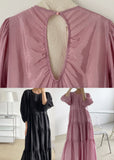 Momentlover Plus Size Black O-Neck Patchwork Backless Cotton Maxi Dress Bracelet Sleeve LY1727