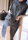 Momentlover Plus Size Black Peter Pan Collar Striped Maxi Dresses Summer LY1467