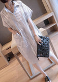 Momentlover Plus Size Black Peter Pan Collar Striped Maxi Dresses Summer LY1467