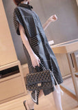 Momentlover Plus Size Black Peter Pan Collar Striped Maxi Dresses Summer LY1467