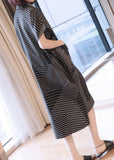 Momentlover Plus Size Black Peter Pan Collar Striped Maxi Dresses Summer LY1467