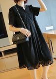 Momentlover Plus Size Black Stand Collar Patchwork Jacquard Chiffon Maxi Dresses Summer LY1426