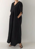 Momentlover Plus Size Black V Neck Oversized Linen Long Dress Short Sleeve LY1729
