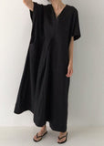 Momentlover Plus Size Black V Neck Oversized Linen Long Dress Short Sleeve LY1729