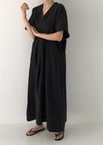 Momentlover Plus Size Black V Neck Oversized Linen Long Dress Short Sleeve LY1729