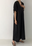 Momentlover Plus Size Black V Neck Oversized Linen Long Dress Short Sleeve LY1729