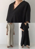 Momentlover Plus Size Black V Neck Oversized Linen Long Dress Short Sleeve LY1729