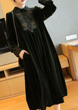 Momentlover Plus Size Blackish Green Embroideried Patchwork Silk Velour Party Dress Spring LY1465