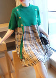 Momentlover Plus Size Green Stand Collar Patchwork Plaid Knit Mid Dresses Summer LY1466