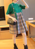 Momentlover Plus Size Green Stand Collar Patchwork Plaid Knit Mid Dresses Summer LY1466
