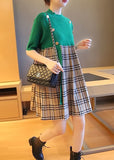 Momentlover Plus Size Green Stand Collar Patchwork Plaid Knit Mid Dresses Summer LY1466