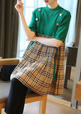 Momentlover Plus Size Green Stand Collar Patchwork Plaid Knit Mid Dresses Summer LY1466