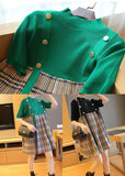 Momentlover Plus Size Green Stand Collar Patchwork Plaid Knit Mid Dresses Summer LY1466