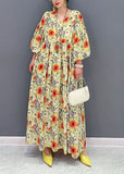 Momentlover Plus Size Yellow Oversized Floral Print Cotton Robe Dresses Lantern Sleeve LY1566