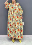 Momentlover Plus Size Yellow Oversized Floral Print Cotton Robe Dresses Lantern Sleeve LY1566