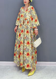 Momentlover Plus Size Yellow Oversized Floral Print Cotton Robe Dresses Lantern Sleeve LY1566